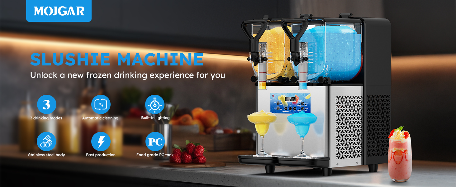 Mojgar Slushie Machine with 3 drinking modes, automatic cleaning, built-in LED lighting, fast production, and food-grade PC tank. Ideal for creating refreshing slushies, margaritas, and cold drinks at home or commercial use
