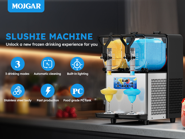Mojgar Slushie Machine with 3 drinking modes, automatic cleaning, built-in LED lighting, fast production, and food-grade PC tank. Ideal for creating refreshing slushies, margaritas, and cold drinks at home or commercial use