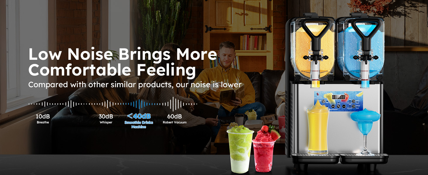 Mojgar Slushie Machine operates at a low noise level (<40dB), offering a quiet and comfortable experience compared to similar products. Perfect for creating frozen drinks without disturbing your environment.