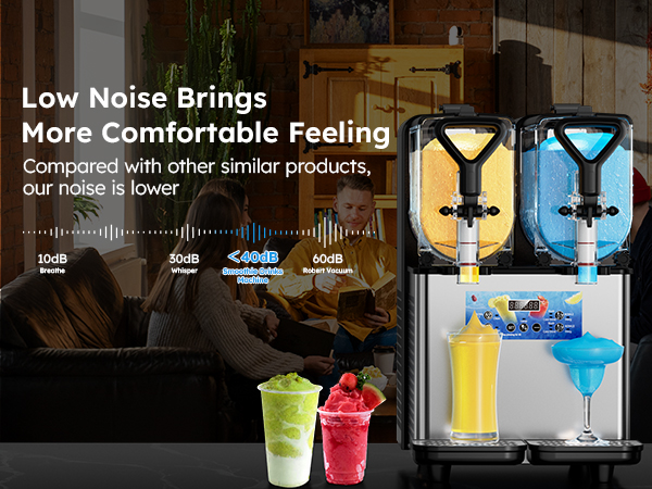 Mojgar Slushie Machine operates at a low noise level (<40dB), offering a quiet and comfortable experience compared to similar products. Perfect for creating frozen drinks without disturbing your environment.