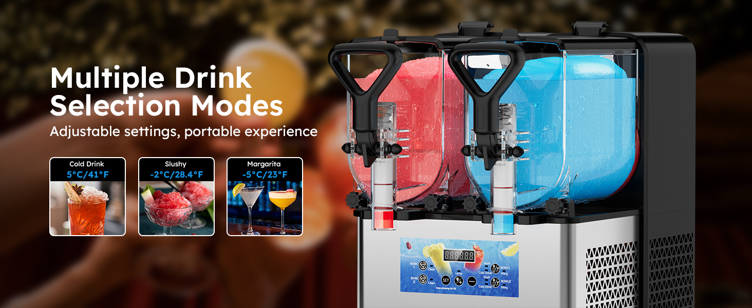 Mojgar Slushie Machine with multiple drink selection modes for cold drinks, slushies, and margaritas. Adjustable settings for customized drinks at temperatures ranging from 23°F to 41°F. Perfect for versatile frozen beverages.