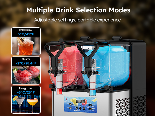 Mojgar Slushie Machine with multiple drink selection modes for cold drinks, slushies, and margaritas. Adjustable settings for customized drinks at temperatures ranging from 23°F to 41°F. Perfect for versatile frozen beverages.