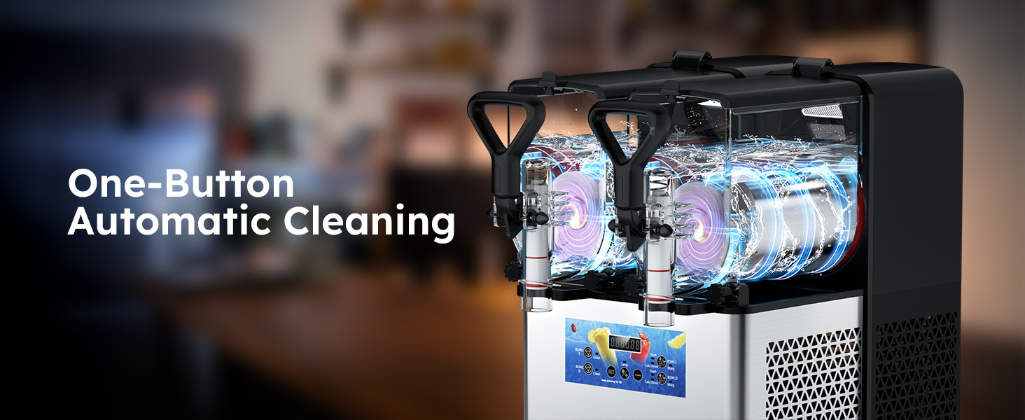 Mojgar Slushie Machine with one-button automatic cleaning feature for hassle-free maintenance. Ensures easy cleaning, keeping the machine ready for quick and efficient use without the need for manual cleaning efforts.