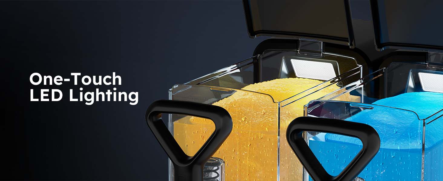 Mojgar Slushie Machine features one-touch LED lighting, enhancing the visibility and appeal of your frozen drinks. Perfect for a vibrant display at parties or commercial setups.