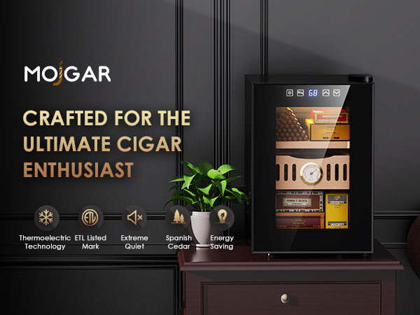 Mojgar 18L Cigar Humidor featuring thermoelectric technology, energy-saving, ETL listed, and ultra-quiet operation. Designed with Spanish cedar wood for the ultimate cigar storage experience.