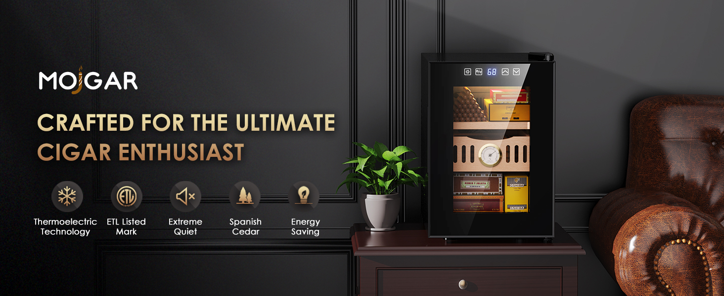Mojgar 18L Cigar Humidor featuring thermoelectric technology, energy-saving, ETL listed, and ultra-quiet operation. Designed with Spanish cedar wood for the ultimate cigar storage experience.