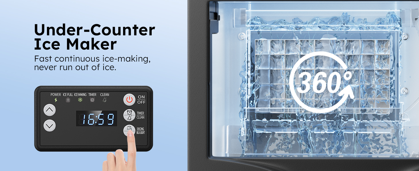 Mojgar under-counter ice maker with 360-degree ice-making, ensuring fast, continuous production. Features an intuitive LCD control panel for easy operation and monitoring, providing a constant ice supply.