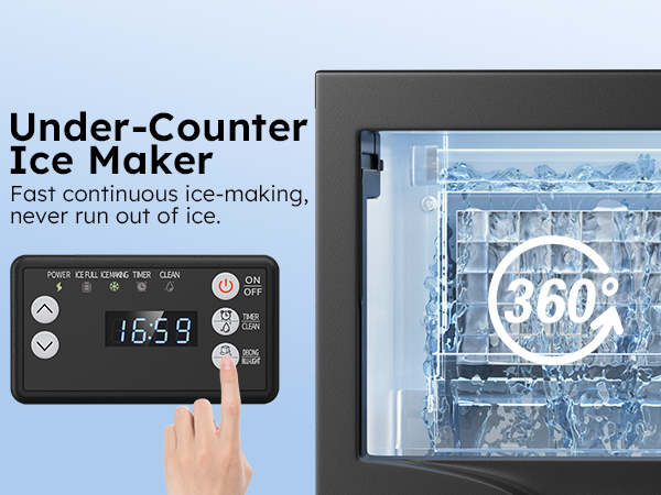 Mojgar under-counter ice maker with 360-degree ice-making, ensuring fast, continuous production. Features an intuitive LCD control panel for easy operation and monitoring, providing a constant ice supply.