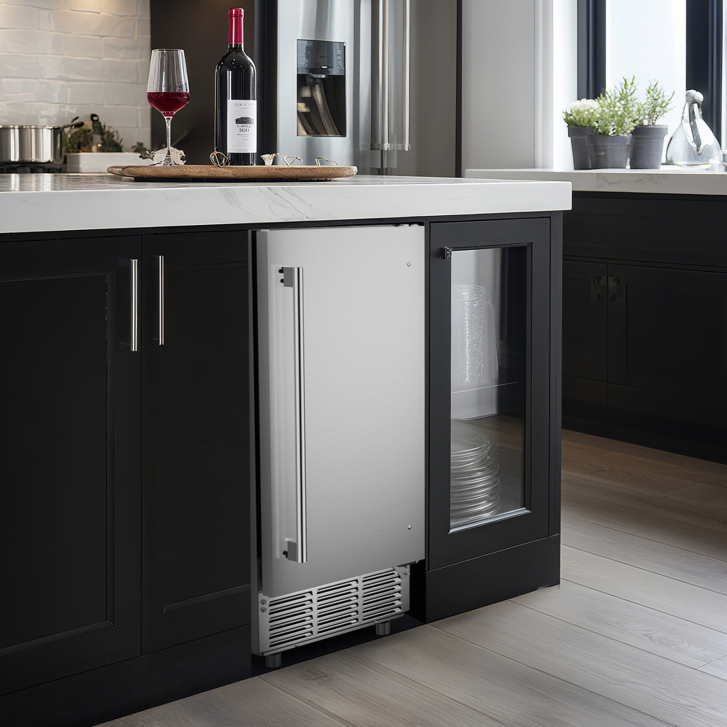 Mojgar Under Counter Ice Maker with sleek stainless steel exterior, perfect for under-counter installation. Ideal for home kitchens or offices, providing efficient ice production with a compact design.