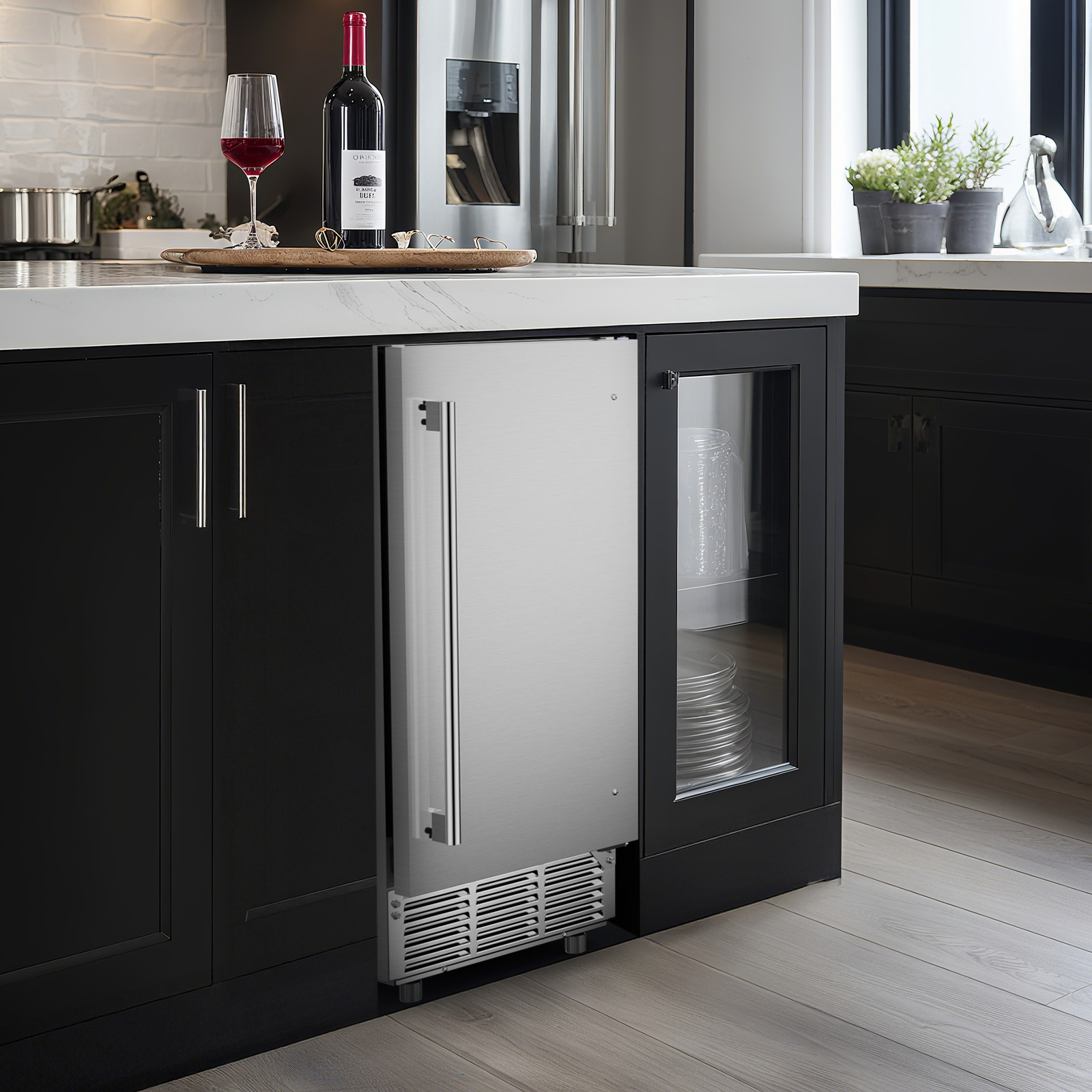 Mojgar Under Counter Ice Maker with sleek stainless steel exterior, perfect for under-counter installation. Ideal for home kitchens or offices, providing efficient ice production with a compact design.