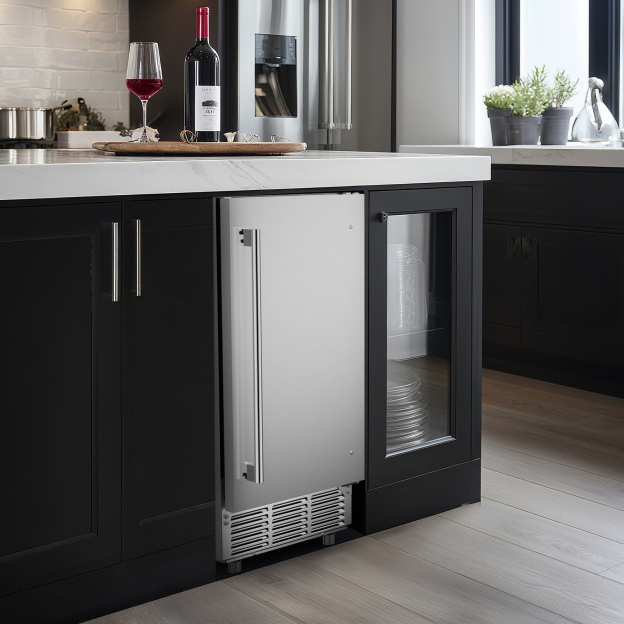 Mojgar Under Counter Ice Maker with sleek stainless steel exterior, perfect for under-counter installation. Ideal for home kitchens or offices, providing efficient ice production with a compact design.