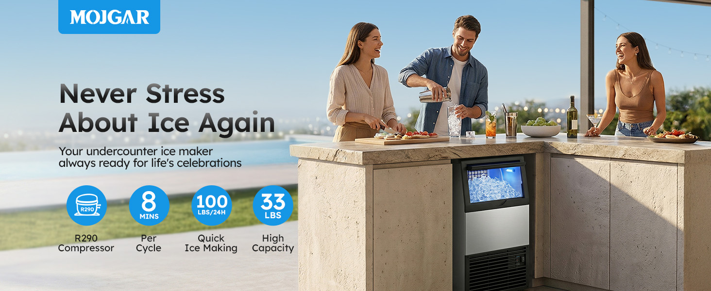 {"default":"Undercounter ice maker producing 100 lbs/24h, 33 lbs storage, quick ice in 8 mins, R290 compressor for fast and efficient ice making."}
