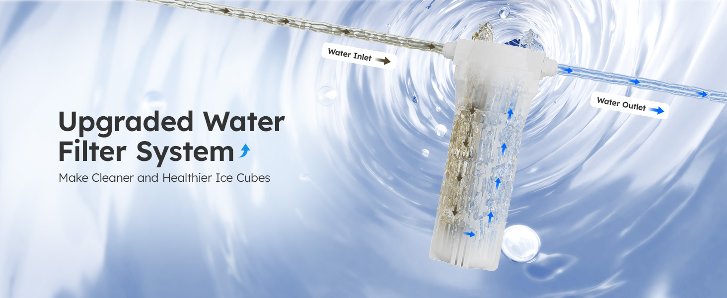 Mojgar Ice Maker with an upgraded water filter system, ensuring cleaner and healthier ice cubes. Features clear water inlet and outlet for optimal filtration and ice quality.