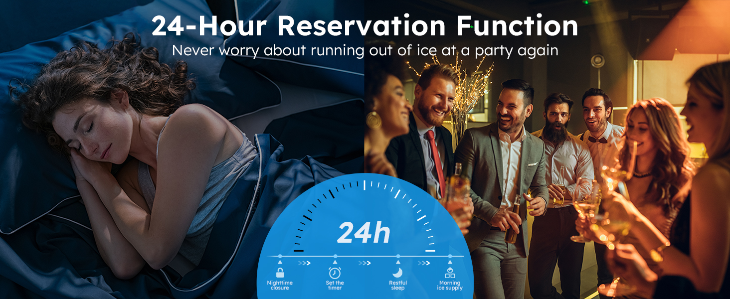 24-hour reservation function for ice maker, ensuring ice availability anytime for parties, with scheduled timing for night closure and morning supply.