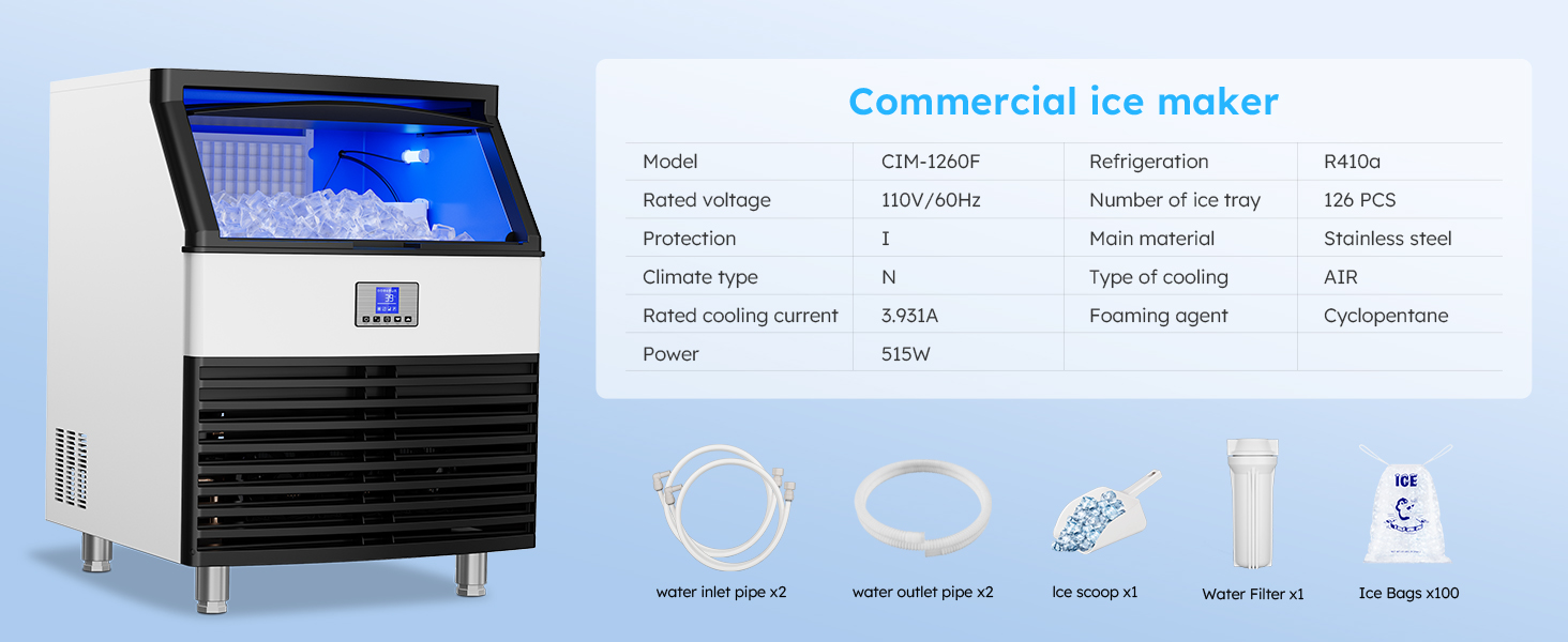 Commercial ice maker model CIM-1260F with 515W power, R410a refrigeration, 126 ice trays, stainless steel build, and accessories including water pipes, ice scoop, water filter, and ice bags