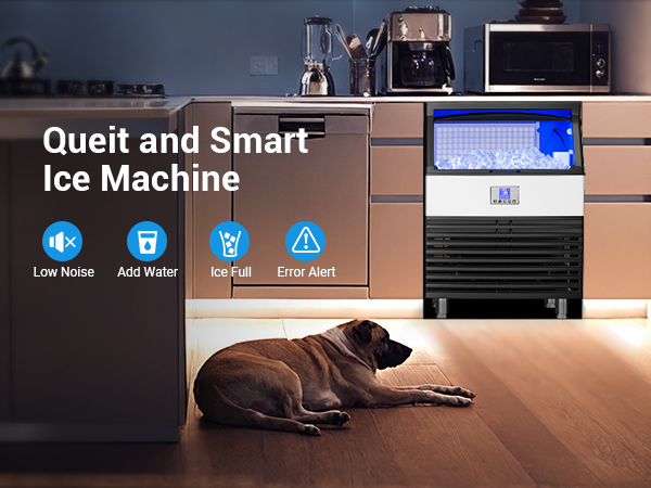 Quiet and smart ice machine with low noise, water level alerts, ice full indicator, and error alert for convenient operation in any setting.