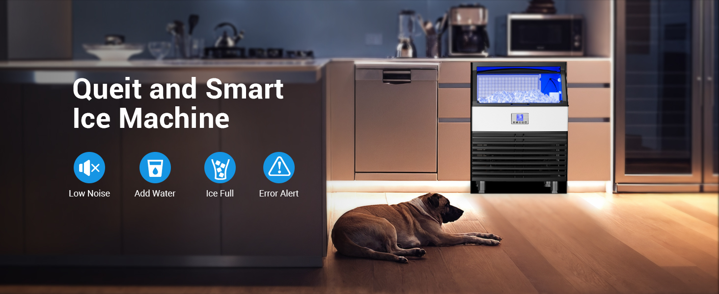 Quiet and smart ice machine with low noise, water level alerts, ice full indicator, and error alert for convenient operation in any setting.