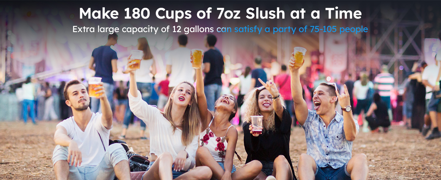 Mojgar slush machine can produce 180 cups of 7oz slush at a time, with a 12-gallon capacity to satisfy parties of 70-105 people, making it ideal for gatherings and events.