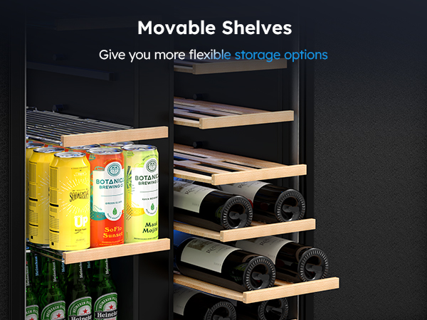Close-up of MOJGAR beverage cooler with movable wooden shelves, showcasing flexible storage options for cans, bottles, and wine, allowing adjustable space for efficient organization.
