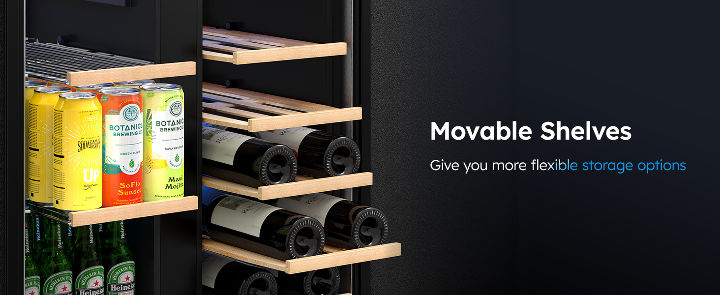 Close-up of MOJGAR beverage cooler with movable wooden shelves, showcasing flexible storage options for cans, bottles, and wine, allowing adjustable space for efficient organization.