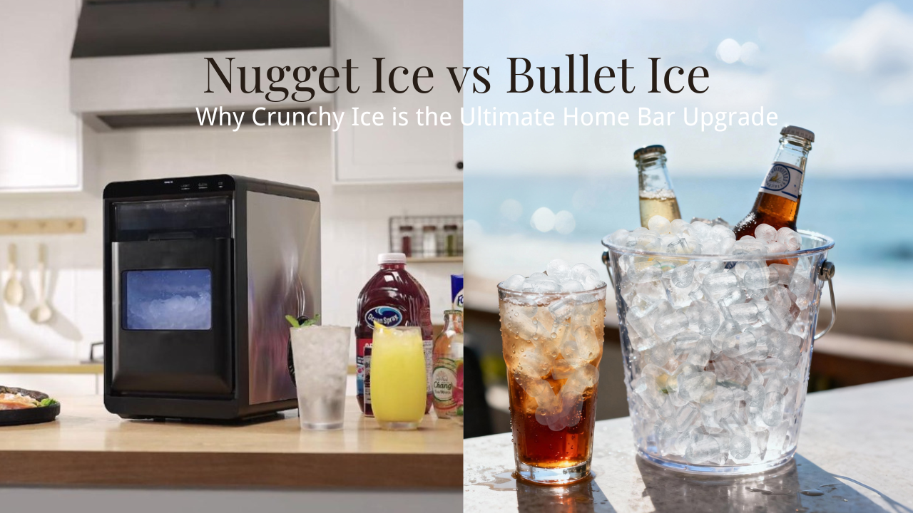 Comparison of Nugget Ice vs Bullet Ice with Mojgar countertop nugget ice maker on a kitchen counter. Glasses filled with chewable nugget ice and hard bullet ice, highlighting texture, cooling speed, and drink flavor for home bar use
