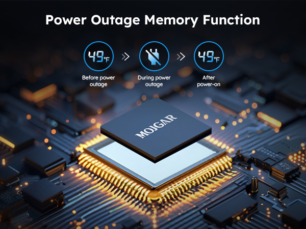 MOJGAR refrigerator power outage memory function showcasing a chip design. The system restores the previous temperature setting (49°F) after power recovery, ensuring uninterrupted cooling performance.