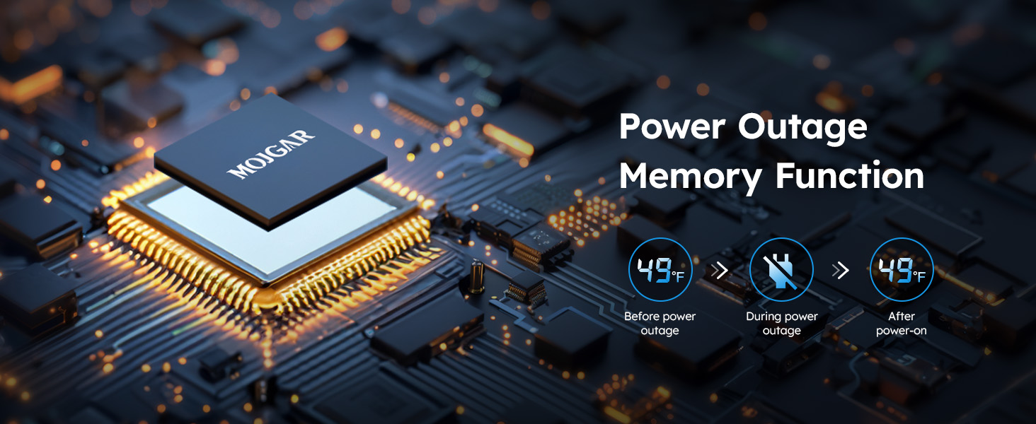 MOJGAR refrigerator power outage memory function showcasing a chip design. The system restores the previous temperature setting (49°F) after power recovery, ensuring uninterrupted cooling performance.