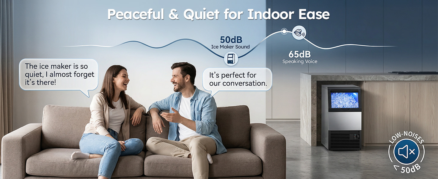 {"default":"Mojgar ice maker operating quietly under 50dB in indoor environment, perfect for home or café, producing clear ice with minimal noise."}
