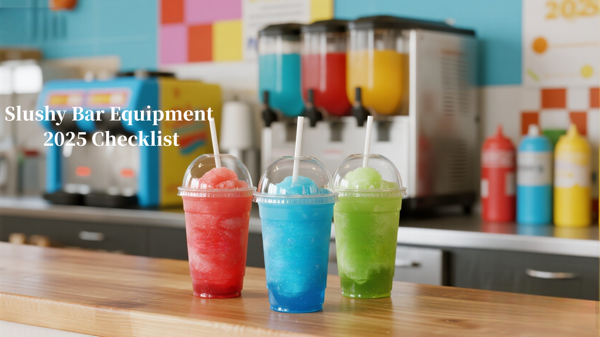 Colorful slushy drinks in red, blue, and green cups with straws on a wooden counter, promotional cover for Slushy Bar Equipment Checklist 2025.