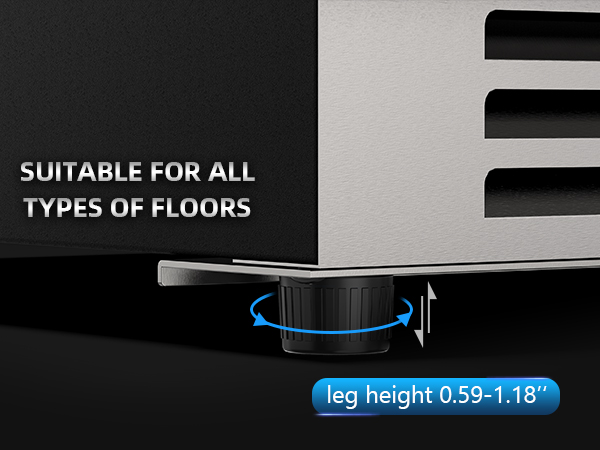 Adjustable foot pads with a height range of 0.59-1.18 inches, suitable for all types of floors, ensuring stability and level placement for optimal appliance performance.
