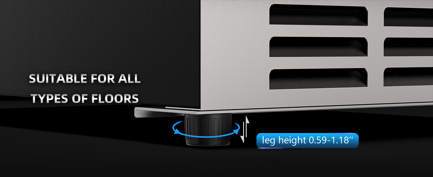 Adjustable foot pads with a height range of 0.59-1.18 inches, suitable for all types of floors, ensuring stability and level placement for optimal appliance performance.