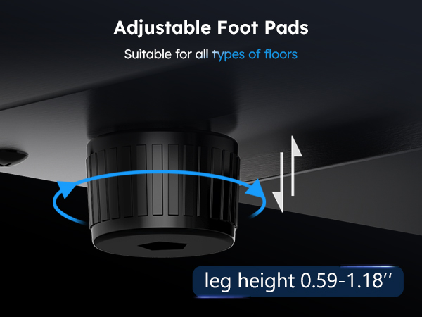 Close-up view of MOJGAR beverage fridge's adjustable foot pads, suitable for all floor types with a leg height range of 0.59 to 1.18 inches, ensuring stable and level installation on uneven surfaces.
