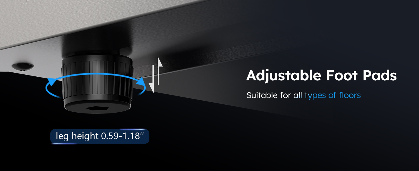 Close-up view of adjustable foot pads for beverage refrigerator, showcasing leg height range of 0.59 to 1.18 inches, designed to ensure stability on all types of floors for versatile installation.