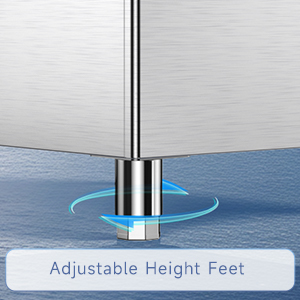 Close-up of adjustable height feet on a commercial ice maker, designed for stability on uneven surfaces, with a durable stainless steel frame against an icy background.