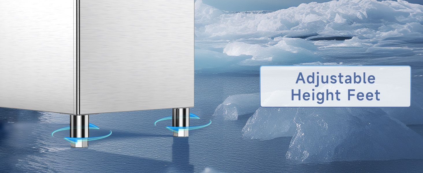 Close-up of adjustable height feet on a commercial ice maker, designed for stability on uneven surfaces, with a durable stainless steel frame against an icy background.