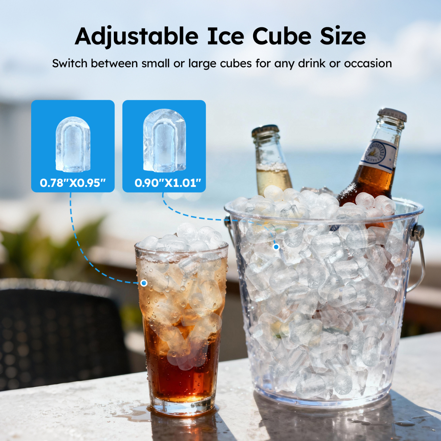 Adjustable ice cube size, allowing you to switch between small and large cubes for different drinks and occasions.