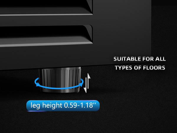 Adjustable foot pads on a wine refrigerator, suitable for all types of floors, with a leg height range of 0.59-1.18 inches, ensuring stability and easy leveling on uneven surfaces.