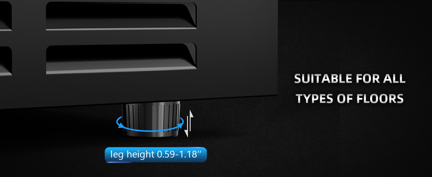 Adjustable foot pads on a wine refrigerator, suitable for all types of floors, with a leg height range of 0.59-1.18 inches, ensuring stability and easy leveling on uneven surfaces.