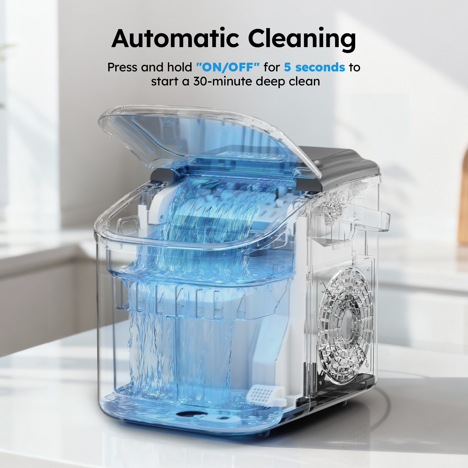 Mojgar ice maker with automatic self-cleaning feature, ensuring hygiene and easy maintenance with just a press of a button.