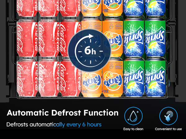 Automatic defrost function beverage fridge showcasing Coca-Cola, Fanta, and Sprite cans, with features including defrosting every 6 hours, easy cleaning, and convenient operation.