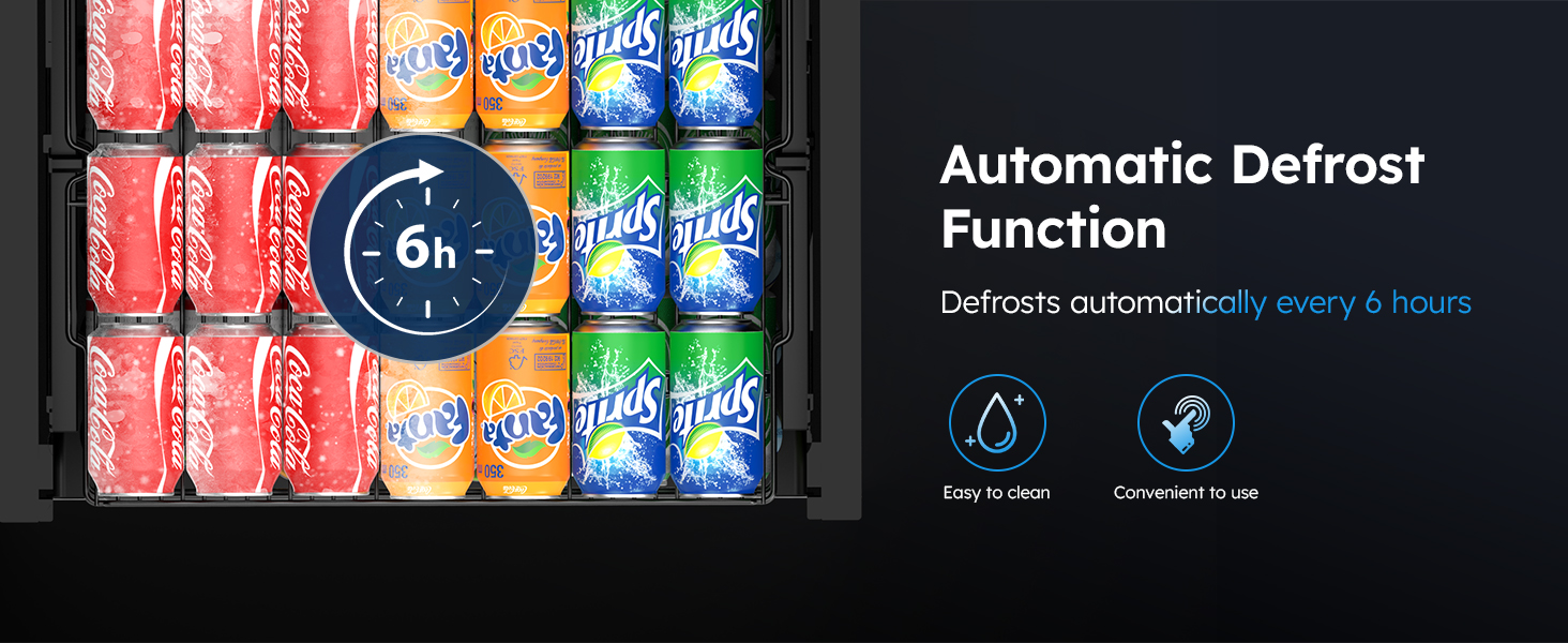 Automatic defrost function beverage fridge showcasing Coca-Cola, Fanta, and Sprite cans, with features including defrosting every 6 hours, easy cleaning, and convenient operation.