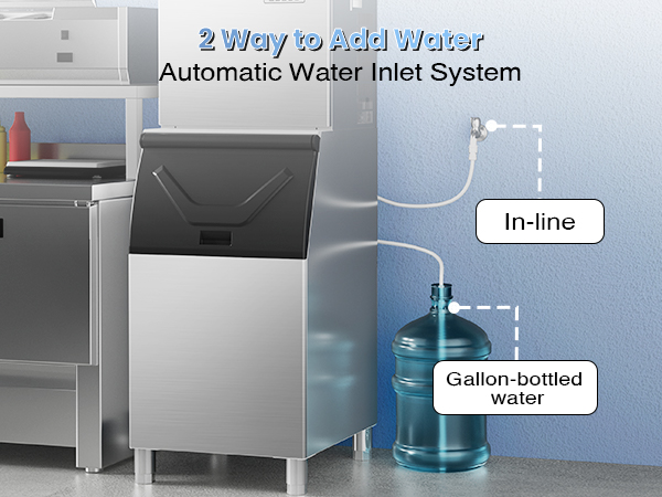 Commercial ice maker with a 2-way automatic water inlet system, compatible with both in-line water connections and gallon-bottled water for flexible and convenient water supply.