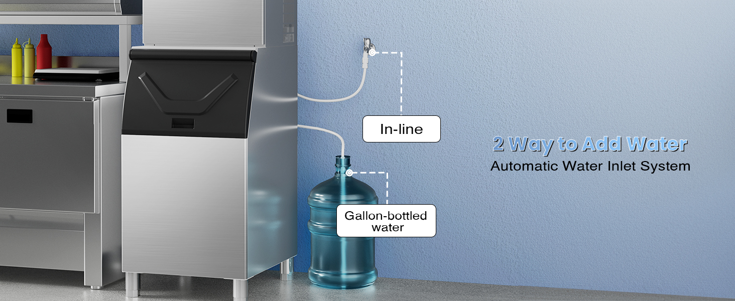 Commercial ice maker with a 2-way automatic water inlet system, compatible with both in-line water connections and gallon-bottled water for flexible and convenient water supply.