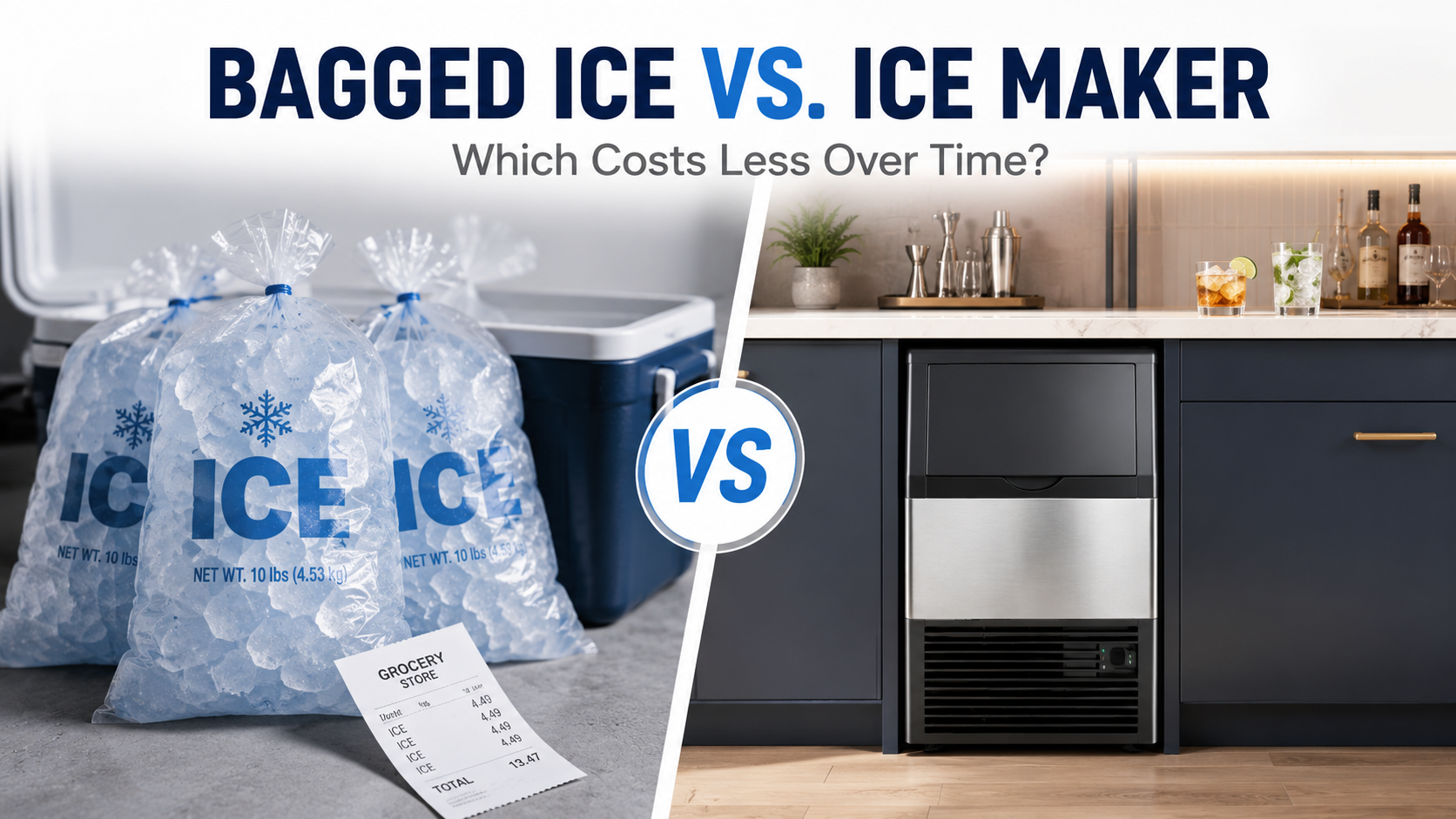 Bagged ice compared with a Mojgar undercounter commercial ice maker in a home bar