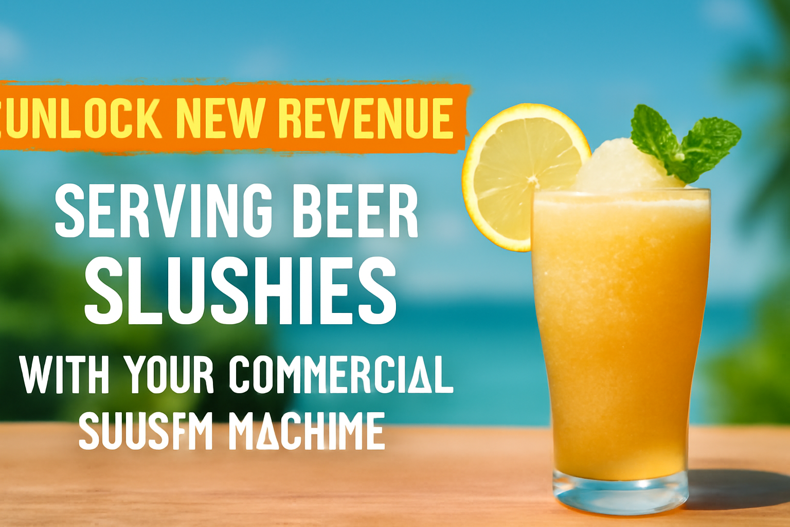  A refreshing beer slushy served in a clear glass with a lemon slice and mint sprig, set against a bright, sunny bar background. The text "UNLOCK NEW REVENUE" and "SERVING BEER SLUSHIES WITH YOUR COMMERCIAL SLUSHY MACHINE" stands out in bold.