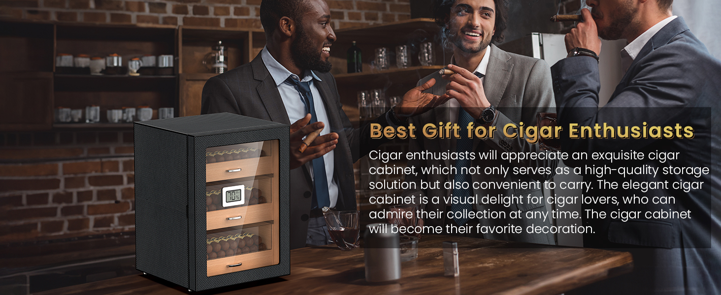 Elegant cigar humidor displayed as the perfect gift for cigar enthusiasts, featuring a carbon fiber design, cedar wood drawers, and a hygrometer, ideal for preserving and showcasing cigar collections.
