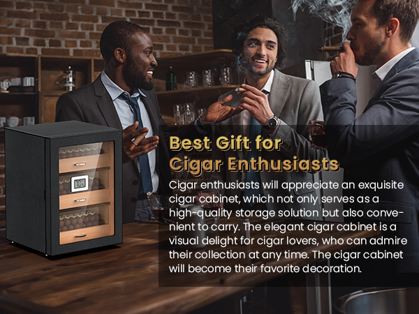 Elegant cigar humidor displayed as the perfect gift for cigar enthusiasts, featuring a carbon fiber design, cedar wood drawers, and a hygrometer, ideal for preserving and showcasing cigar collections.