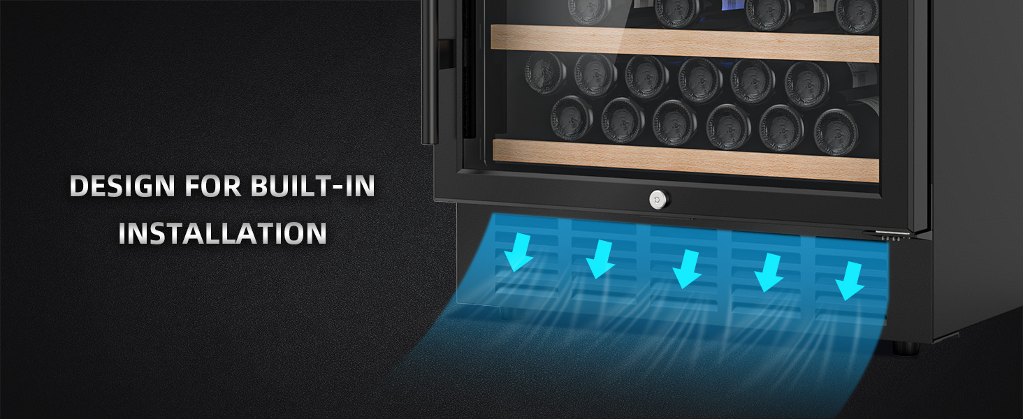 Built-in wine fridge design with front ventilation system for seamless integration into kitchen cabinetry, ensuring optimal airflow and efficient cooling performance.