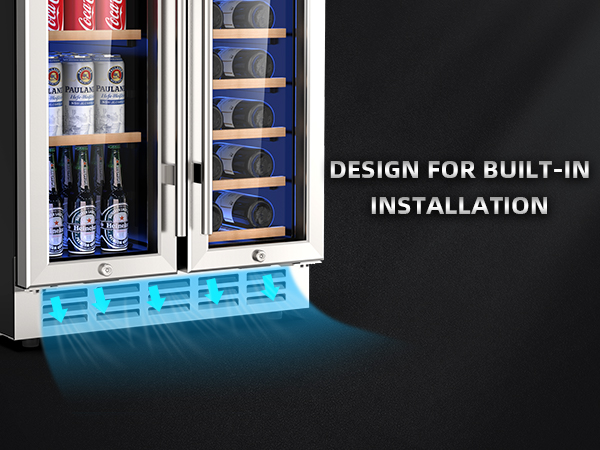 Dual-door wine and beverage refrigerator with built-in installation design, featuring efficient ventilation and cooling for seamless integration into kitchen cabinetry or bar settings