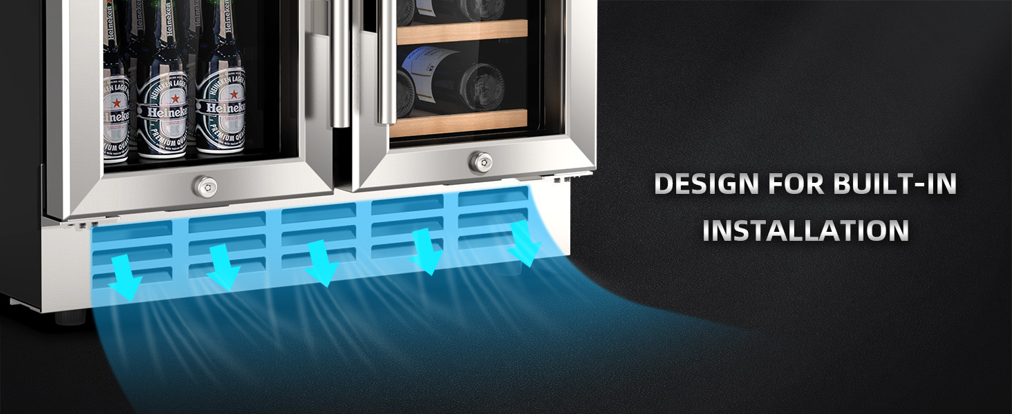Dual-door wine and beverage refrigerator with built-in installation design, featuring efficient ventilation and cooling for seamless integration into kitchen cabinetry or bar settings